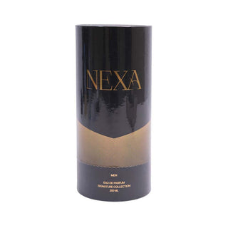 Black cylindrical NEXA perfume bottle packaging on a white background