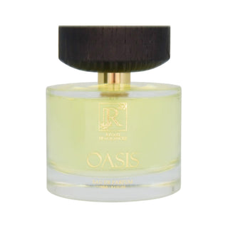 Perfume bottle labeled 'Oasis' with a dark wooden cap on a white background