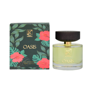 Perfume bottle and packaging with 'Oasis' branding on a white background
