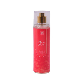 Red fragrance mist bottle with gold cap on a white background