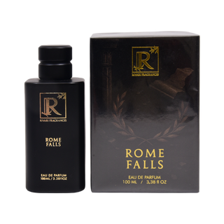 Black perfume bottle and packaging of 'Rome Falls' with a visible brand logo on a white background.