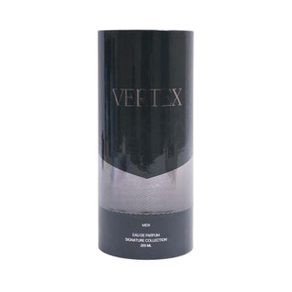Black cylindrical perfume bottle with 'VERTEX' branding on a white background