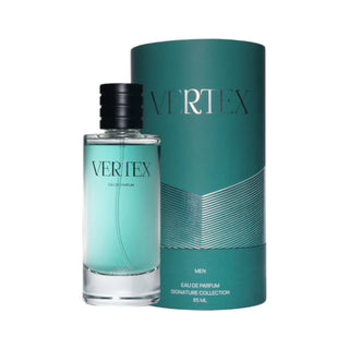 Vertex eau de parfum bottle and packaging on a white background