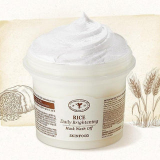 Skinfood Rice Daily Brightening Mask Wash Off with white cream on top against a beige background