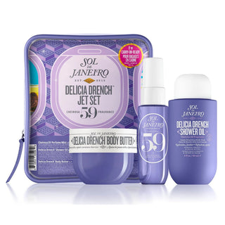 Sol de Janeiro Delicia Drench Jet Set with shower oil, body butter, and other products on a white background