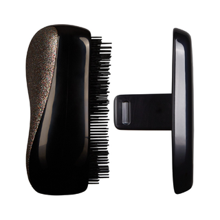 Black hairbrush with bristle head and reflective handle on a white background
