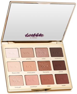 Makeup palette with various shades of brown and beige, featuring the brand 'tartelette'.