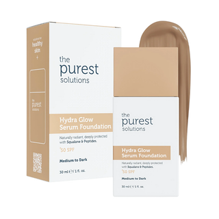 Purest Solutions Hydra Glow Serum Foundation packaging with a swatch on a white background