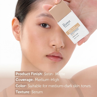 Woman holding a skincare product with text about product finish, coverage, color suitability, and texture.