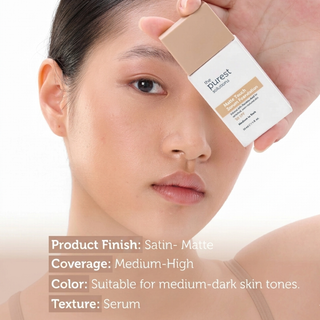 Woman holding a cosmetic product with text about product finish, coverage, color suitability, and texture.