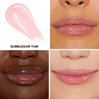 Lip gloss swatch and application on lips with 'Bubblegum Yum' label