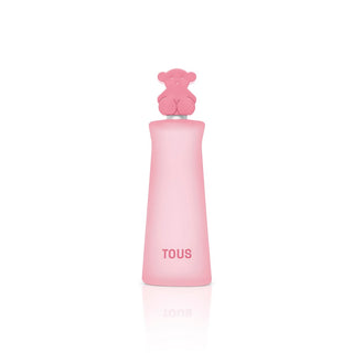Pink perfume bottle with a teddy bear-shaped cap on a white background