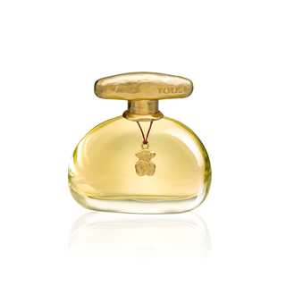 Perfume bottle with gold cap on a white background