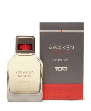 Tumi Awaken Distilled perfume bottle and packaging on a white background