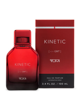 Red Kinetic Tumi perfume bottle and packaging on a white background