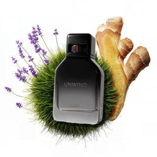 Perfume bottle labeled 'Unwind' with lavender, grass, and ginger on a white background