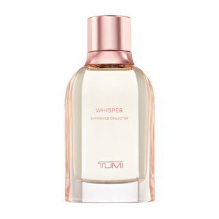 TUMI Whisper perfume bottle with rose gold cap and label on a white background