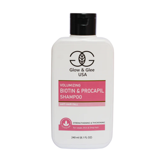 Shampoo bottle with 'Glow & Glee' branding on a white background