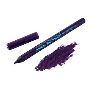 Purple makeup pencil with purple powder on a white background