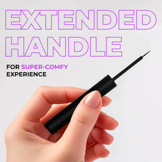 Hand holding a black pen with text about an extended handle on a light gray background