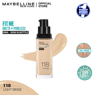 Maybelline Fit Me Matte+Poreless Foundation For Normal to Oily Skin -118 Light Beige 30Ml - AllurebeautypkMaybelline Fit Me Matte+Poreless Foundation For Normal to Oily Skin -118 Light Beige 30Ml