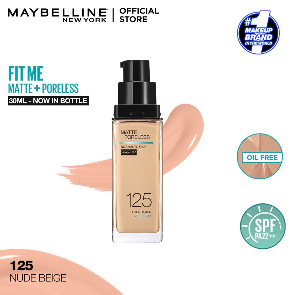 Maybelline Fit Me Matte+Poreless Foundation For Normal to Oily Skin -125 Nude Beige 30Ml - AllurebeautypkMaybelline Fit Me Matte+Poreless Foundation For Normal to Oily Skin -125 Nude Beige 30Ml